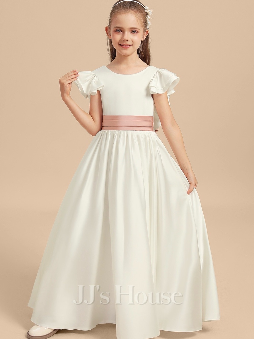 JJs House Ivory Flower Girl Satin Dress with Dusty Rose Sash